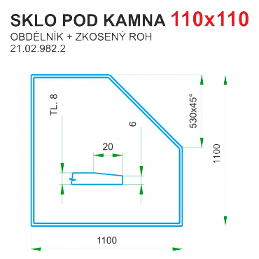 Podložka - sklo pod kamna tloušťka 8 mm Lienbacher 110x110 tvar zkosený roh