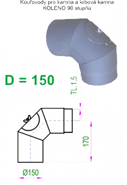 Kouřovod 150 šedý Ricom gas Koleno 90° - průměr 150 mm - čistící   tl.1,5