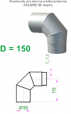 Kouřovod 150 šedý Ricom gas Koleno 90° - průměr 150 mm   tl.1,5