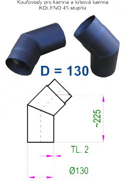Kouřovod 130 V.A.P.K. Koleno 45° - průměr 130 mm   tl.1,5
