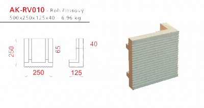 Akumulační kamnářský omítací šamot - AKUMOL40 tloušťka 40 profikrby Roh 90 125x250x250x40 překladový - AKUMOL40-RV010