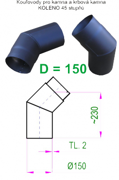 Kouřovod 150 černý V.A.P.K. Koleno 45° - průměr 150 mm   tl.1,5