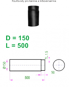 Kouřovod 150 černý V.A.P.K. Roura délky 500 mm - průměr 150 mm,  tl.1,5