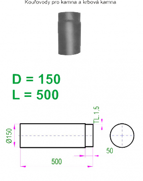 Kouřovod 150 šedý Ricom gas Roura délky 500 mm - průměr 150 mm,  tl.1,5